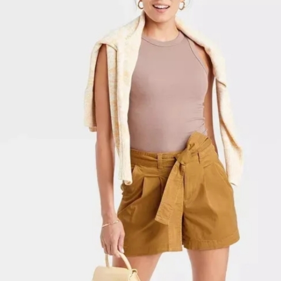 NWT A New Day Mustard Brown Khaki High Rise Pleat Front Tie Waist Shorts Size 16 - Picture 2 of 10